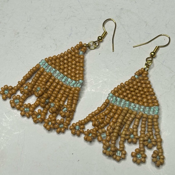 Elegant Beaded Fringe Earrings - Gold and Blue - Picture 3 of 3